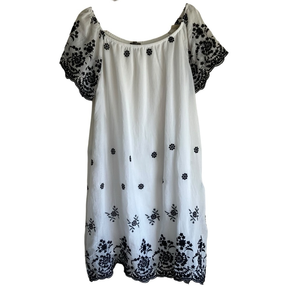 J Gee Boho Romantic White Black Embroidered Off The Shoulder Shift Dress Sz 1X